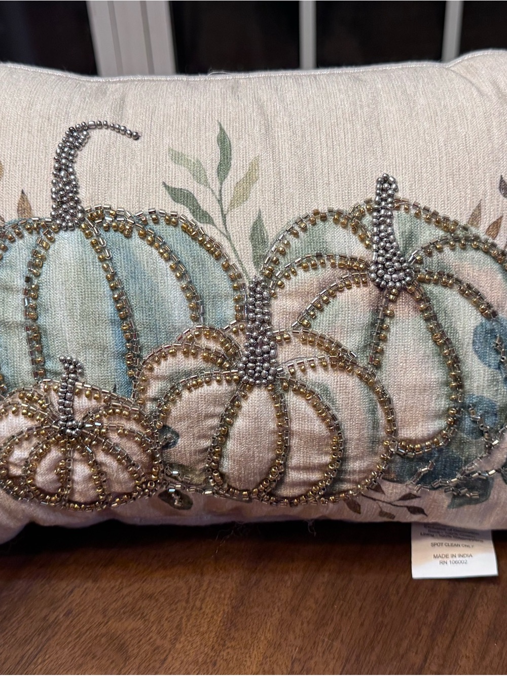 Bella Lux Beaded Pumpkin Pillow Blue Ivory Fall Harvest Decor 13x10-0204